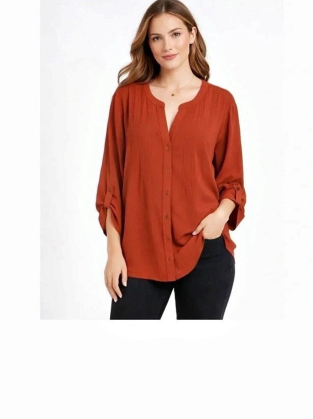 Button-Front Blouse in Red-Orange